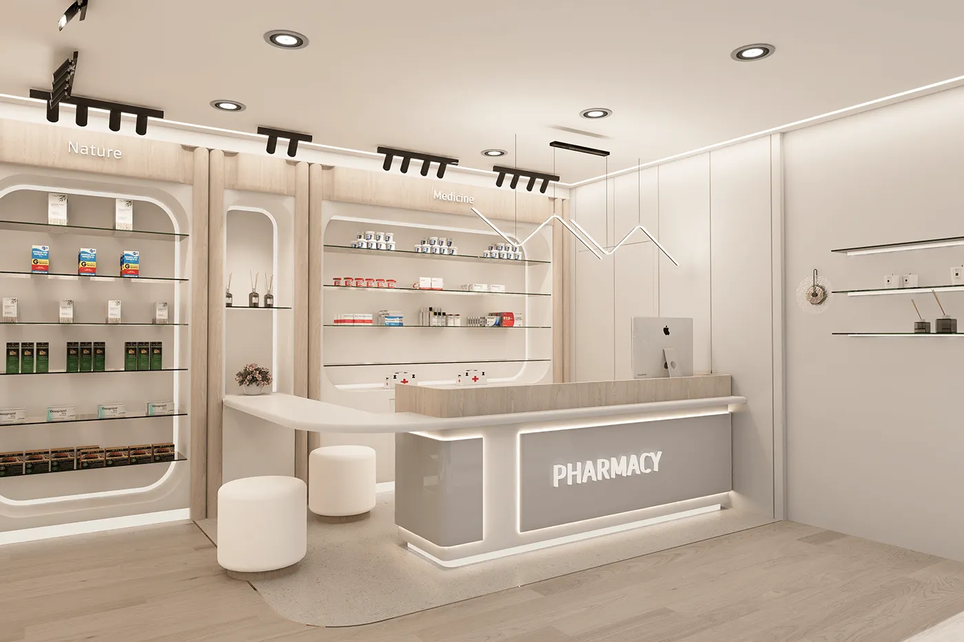 Mobilier comercial - Farmacie Modernă cu Design Minimalist și Elegant